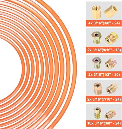 3/16" Complete Brake Line Repair Kit with Protector, Enhance the Corrosion Resistance and Wear Resistance of 25-Foot Copper-Coated Tubing, Including Flaring Tool & Fittings