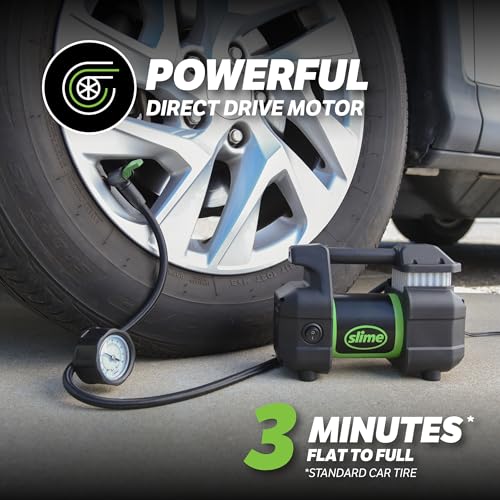 Slime 40031 Tire Inflator, Portable Car, SUV, 4x4 Air Compressor, Pro Power, Heavy Duty, with Analog 150 psi Dial Gauge, Long Hose and LED Light, 12V, 3 min inflation - style: Pro Power Analog