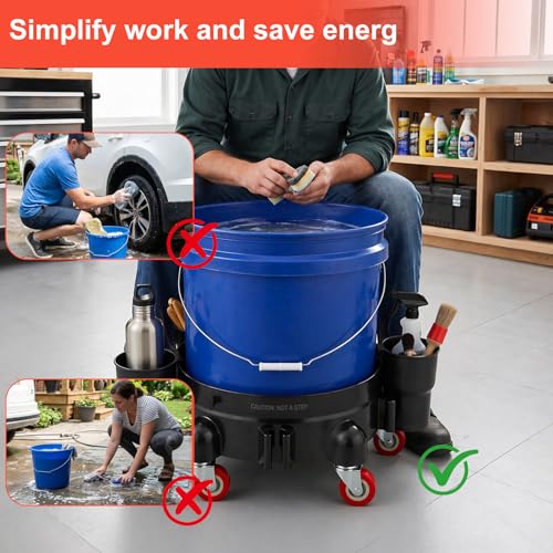 Heavy-Duty Bucket Dolly with Wheels,5 Gallon Bucket Roller with Locking Casters & Secure Clamp,Rolling Bucket Cart for Cleaning, Gardening,Industrial Use,300Lbs,Equipped with three detachable brackets - color: Black2