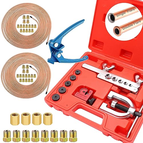 Tnisesm Brake Line Kits with Brake Line Double & Single Flaring Tool Kit + Blue Tube Bender- 25 Ft. 3/16 and 1/4 Copper Coated Brake Lines Kit (with 32 Fittings and 8 Unions)