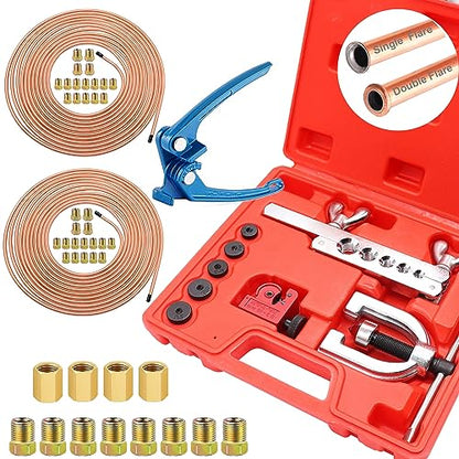 Tnisesm Brake Line Kits with Brake Line Double & Single Flaring Tool Kit + Blue Tube Bender- 25 Ft. 3/16 and 1/4 Copper Coated Brake Lines Kit (with 32 Fittings and 8 Unions)