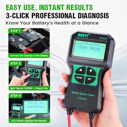 DUOYI DY221 Car Battery Tester, 12V 24V Digital Automotive Alternator Meter Diagnostic Tool,100-2000 CCA Load Capacity, Charging & Cranking Analyzer for Cars, Trucks, Motorcycles, Vans, RVs, Boats...