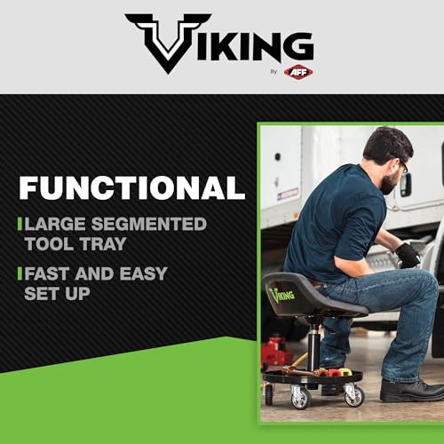AFF Viking Rolling Shop Stool - Garage Stool on Wheels for Mechanics - Ergonomic Padded Seat - Tool Organizer Tray - 300 lbs Capacity (Multiple Styles) - style: Garage Roller Seat