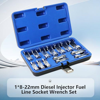Diesel Injector Fuel Line Socket Wrench Set 3/8" 1/2" Drive Metric 8-22mm Flare Nut Sockets 5-Point Anti-Slip Design for ABS, Injectors, Sensors (14PCS)