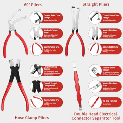 4 Piece Automotive Electrical Disconnect Pliers Kit, High-Carbon Steel Connector Separator Tool with Straight & 60° Tips, Hose Clamp Plier & 18pcs Pin for Cars SUVs Fuel Line Repair (Storage Box)