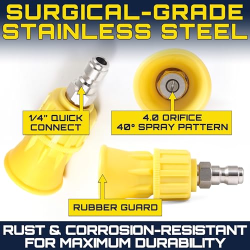 Clean Car USA Foam King™ 40° Pressure Washer Nozzle Guard, 1/4” Quick Connect - Stainless Steel Fire Hose Tip with Rubberized Protective Shield for High-Pressure Cleaning, Durable & Universal Fit - color: Nozzle Guard