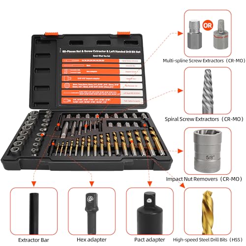56Pcs Spiral Screw Extractor Set, Left Hand Drill Bit Set Easy Out | Bolt Extractor Set Hex Adapter, Multi-Spline Lug Nut Remover for Stripped, Rounded, Damaged, Broken Studs Bolts Screws - size: 56pcs