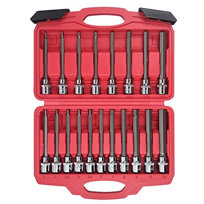 AMM 3/8 Inch Drive Extra Long allen hex bit socket set,19-Piece Standard SAE & Metric Allen socket set, S2 Alloy steel, Automobile repair tools