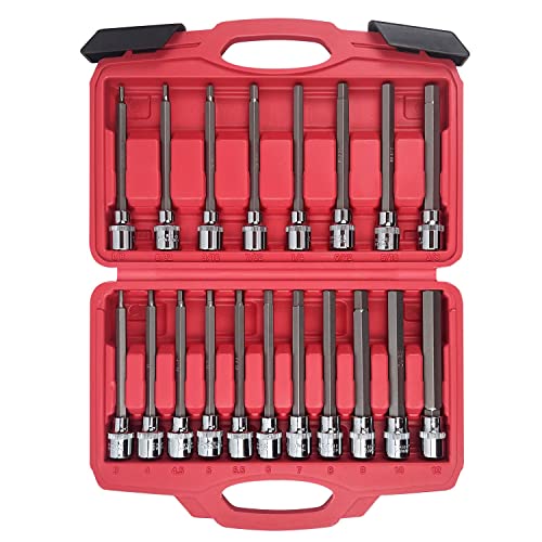 AMM 3/8 Inch Drive Extra Long allen hex bit socket set,19-Piece Standard SAE & Metric Allen socket set, S2 Alloy steel, Automobile repair tools