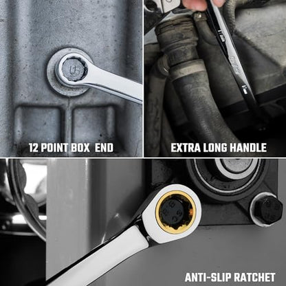 DURATECH Extra Long Anti-Slip Ratcheting Wrench Set, Double Box End Wrench Set, 9-Piece, Metric, 10, 12, 13, 14, 15, 16, 17, 18, 19mm, CR-V Steel, with Rolling Pouch - size: 10-19mm