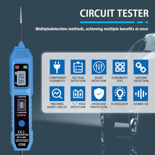 CT03 Power Circuit Tester, 6-24V DC Test Light Short Circuit, Automotive Component Electrical Polarity Identify Continuity Tester, Overload Protection - color: Blue