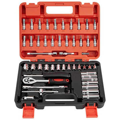 CARTMAN 53PCS 1/4 in Drive Socket Ratchet Wrench Tool Set with Bits&Case | auto repair, home maintenance, garage, DIY, metric sockets, ratchet wrench, bit socket set, extension bar, storage case - style: 53 Piece