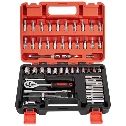 CARTMAN 53PCS 1/4 in Drive Socket Ratchet Wrench Tool Set with Bits&Case | auto repair, home maintenance, garage, DIY, metric sockets, ratchet wrench, bit socket set, extension bar, storage case - style: 53 Piece