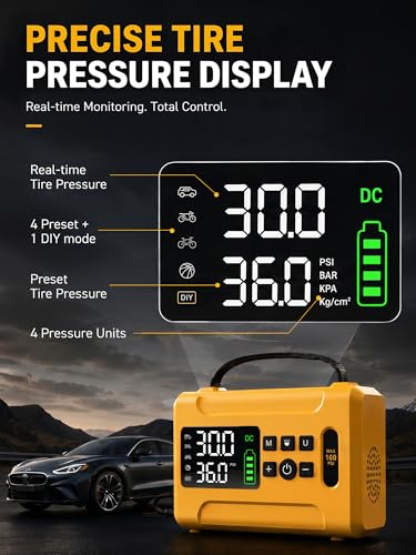 Tire Inflator Portable Air Compressor 160 PSI Air Pump for Car Tires 8000 mAh & 12V DC Powered Fast 30L/min, Digital Tire Pressure Gauge, LED Lights, 5 Modes Auto Shut-off (Yellow, 8000 mAh)