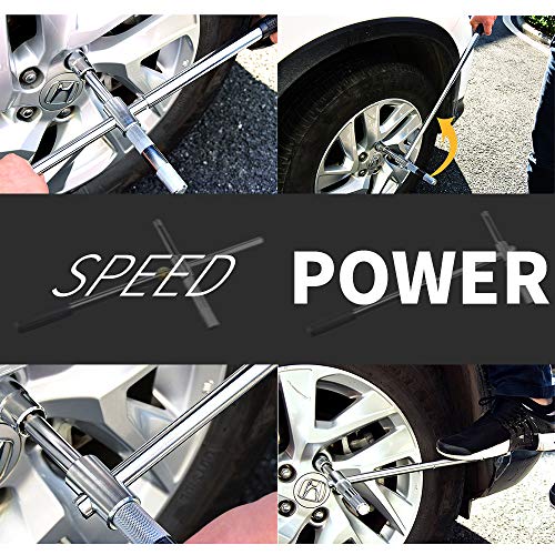 23" Universal Extended Lug Wrench, 4 Way Tire Iron Nut Wrench Set with Storage Bag and Standard Sockets (17mm/19mm,21mm/23mm) for Heavy Duty Cross Wheel Wrench, Lug Nut Removal Tool