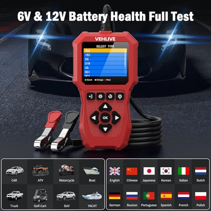 Car Battery Tester 6V 12V with Lithium Battery Testing, VEHLIVE BT910 5-3000CCA Battery Load Tester, Automotive Alternator Tester Charging Cranking System Tester for Car Truck Motorcycle SUV ATV Boat - color: China Red