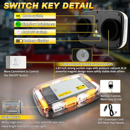 Rechargeable Amber White Emergency Roof Top Strobe Light Wireless Battery, 17 Flashing Modes,High Low Brightness, Warning Lights with Magnetic Base for Construction Vehicles, Trucks, Snow Plow