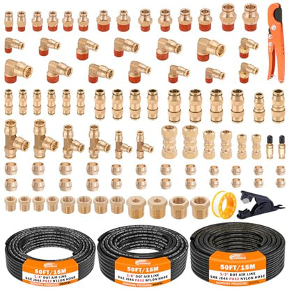 CheeMuii 100 PCS Brass DOT Air Line Fittings with 3 Roll 50FT 1/4" 3/8" 1/2" DOT Air Lines Kit Push Lock Air Fitting Quick Connect Air Fittings with Air Hose Pneumatic Tubing - size: 50FT-3ROLL-100PCS