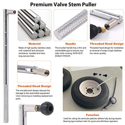 65 pcs Tire Valve Stem Tool Puller and Installer Kit- 50 Pcs Valve Cores with Slotted-Head Valve Caps, Tire Stem Puller Tools,Dual Single Head Valve Core Remover and 4-Way Valve Tool