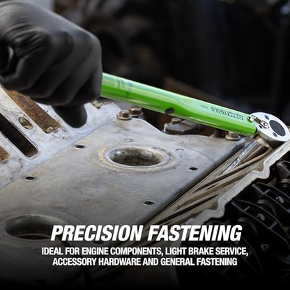 OEMTOOLS 25694 3/8” Drive Click-Style Torque Wrench | Green | 14.5” Long | 10-80 Ft-Lb (13.558-108.47 Nm) | Accurate to +/- 4% | Knurled Handle for a Secure Grip | Clicks at Desired Torque - size: 3/8" Dr. 10-80 Ft/Lbs