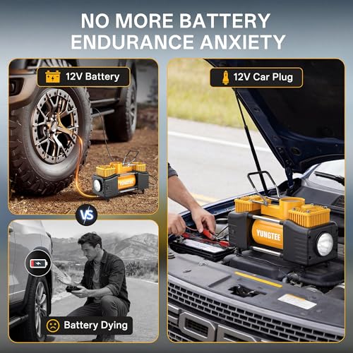 YUNGTEE Yellow Tire Inflator Heavy Duty Double Cylinders Direct Drive Inflation Pump,12V Portable Air Compressor Pump with Emergency LED Light - 150PSI Tire Pump,Apply to Car,Suv,RV - color: Yellow