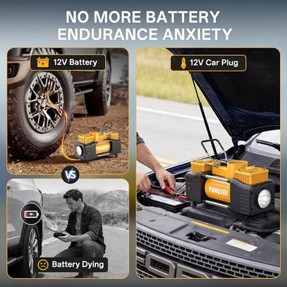 YUNGTEE Yellow Tire Inflator Heavy Duty Double Cylinders Direct Drive Inflation Pump,12V Portable Air Compressor Pump with Emergency LED Light - 150PSI Tire Pump,Apply to Car,Suv,RV - color: Yellow