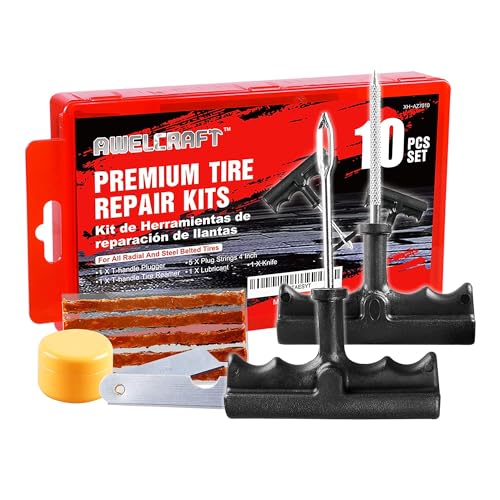 AWELCRAFT 10-Piece Economical Tire Repair Kit – Flat Tire Plug Kit with T-Handle Tools, Storage Case – Fix Punctures Fast, – Ideal for Car, Truck, Motorcycle, ATV - size: 10 Piece Repair Kit
