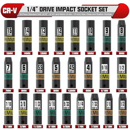 1/4" Drive Impact Socket Set, 50-Piece Standard SAE (5/32" - 9/16") and Metric (4 mm - 15 mm) Size, Deep and Shallow Sockets, Cr-V Steel, 6 Point, Auto Repair Bicycle Maintenance - size: 1/4"50pcs