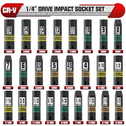 1/4" Drive Impact Socket Set, 50-Piece Standard SAE (5/32" - 9/16") and Metric (4 mm - 15 mm) Size, Deep and Shallow Sockets, Cr-V Steel, 6 Point, Auto Repair Bicycle Maintenance - size: 1/4"50pcs
