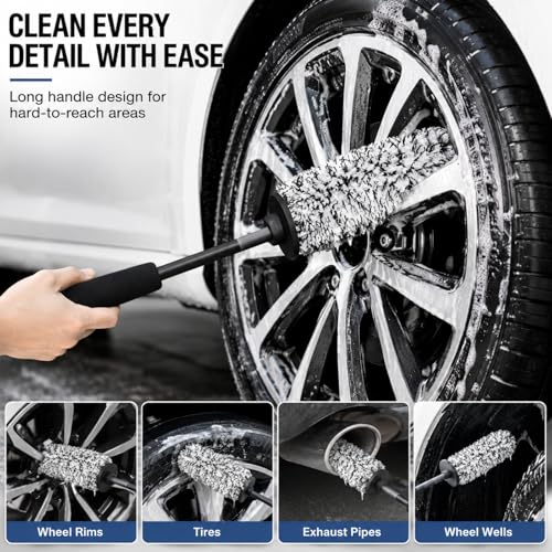 Long Handle Wheel Barrel Brush, Soft Microfiber Wheel Cleaner Brush, Non-Scratch Car Detailing Tool for Rim Cleaning and Tire Detailing (Black)