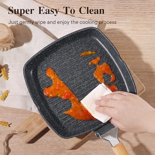 GiPP Nonstick Grill Pan with Folding Handle,Square Grill Skillet, Grilling Pan with Pour Spouts, Versatile Griddle Steak Pan for All Stove,PFOA Free,11 Inch - size: 11"*11"