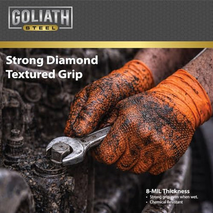 Kogler 8-Mil Orange Diamond Textured Grip Disposable Nitrile Gloves, Heavy-Duty Industrial & Mechanic Work Gloves, Latex-Free & Powder-Free, Chemical & Tear Resistant with Superior Wet Grip, Large - size: Large