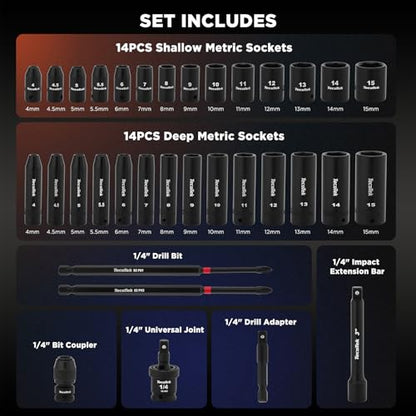 TecoTek 52PCS 1/4" Drive Impact Socket Set & Magnetic Nut Driver Set, Deep & Shallow Socket Metric(4-15mm), Metric Nut Driver Set(6-14mm) for 1/4" Quick-Change Hex Shank