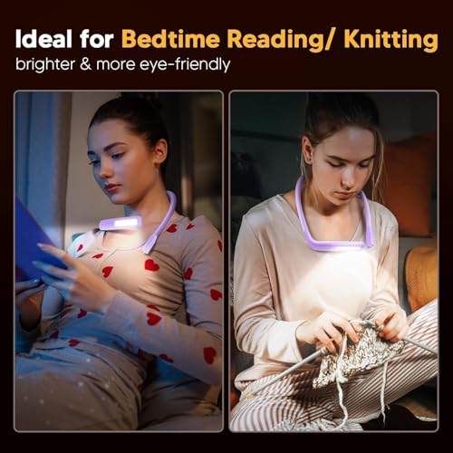 Back to School Supplies Reading Light: Purple Gifts Neck Light with Storage Case for Book Lovers Knitters Crafters, 10-80Hrs Eye-friendly Rechargeable Book Reading Lamp Knitting Crochet Craft Light - color: Purple Light+ Case