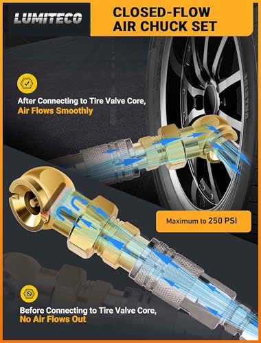 LUMITECO Dual Head Air Chuck Set, Heavy Duty Closed Ball Tire Chuck with 1/4'' Male NPT Quick Plug for 2-Way Quick Connection, No Leakage Tire Air Fill Kit for Tire Inflator Gauge and Air Compressor - size: Silver Head