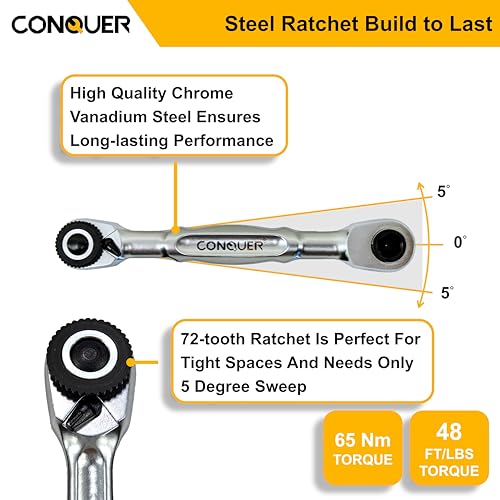 CONQUER 1/4" Mini Ratchet Wrench Low Profile Dual Head | Socket/Bit Driver, 72-Tooth, 5° Swing Arc, Ultra-Low Back Drag, Quick-Release Button; For Tight Engine Bays & EDC Kits - style: Dual Ratchet Socket