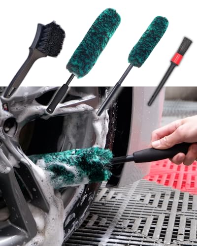 oesee Professional 4 Pack Long Handle Wheel Brush Kit for Cleaning Wheel and Tire- 2X Soft Wheel Cleaning Brush, Detailing Brush and Stiff Tire Brush, Bendable& Durable Wheel Rim Cleaner Brush Set - color: 4 Pack (Green & Black)