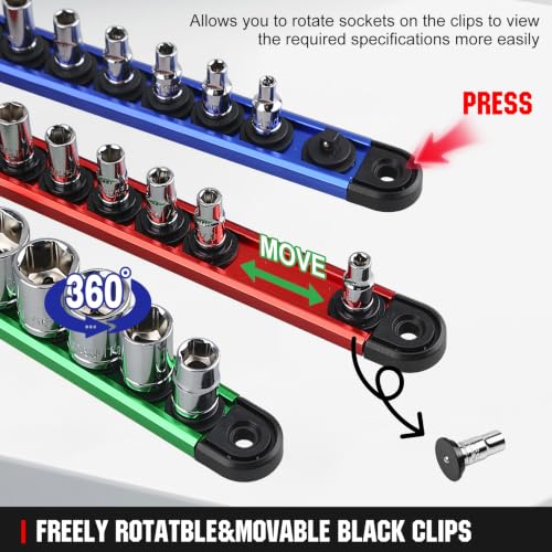Magnetic Socket Organizer Set | 1/4" 3/8" 1/2" Socket Rail with 120 Clips | 9PCS Aluminum Alloy Socket Holder | Ratchet Organizer & Socket Organizer for Tool Box Drawer|Garage and Tool Cart - size: 9 PCS