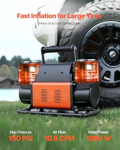 VEVOR Dual-Cylinder Heavy Duty Air Compressor, 10.6CFM Portable Tire Inflator, 12V 150PSI Offroad Air Pump with Digital Pressure Gauge & Adapters for Truck Car SUV 4 x 4 Vehicle RV - style: 10.6 CFM Dual-Cylinder