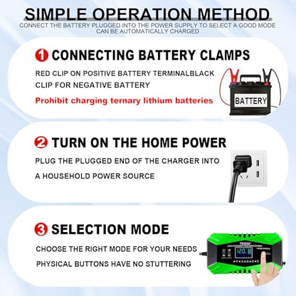 Battery Charger,12-Amp 12V/24V Smart Battery Trickle Charger | Automotive Battery Maintainer Desulfator,with Temperature Compensation,for Car Motorcycle Mower Lead Acid/LiFePO4