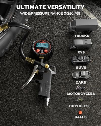 ETENWOLF T500 Digital Tire Pressure Gauge with Inflator, Tire Gauge 0-250 PSI, Calibrated to ANSI B40.7 Grade 2A, Air Chuck & Compressor Accessories with Storage Bag, Black