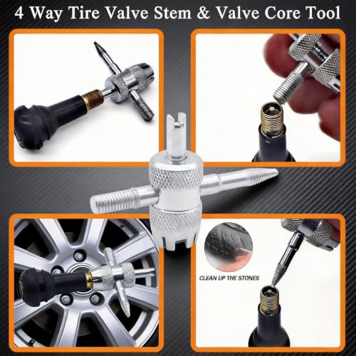 Valve Stem & Core Removal Replacement Tool Kit,Tire Valve Stem Installation Tool without Tire Removal, 2-in-1 Valve Stem Caps & Core Wrench,With 5 TR413/5 TR414, for Cars Motorcycles Lawn Mowers ATVs
