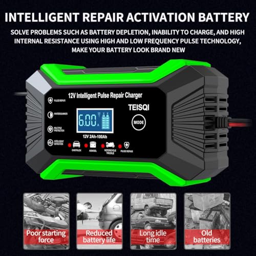 Car Battery Charger, 12V 6A Smart Battery Trickle Charger Automotive 12V Battery Maintainer Desulfator with Temperature Compensation for Car Motorcycle Mower Marine Lead Acid Batteries (Green)