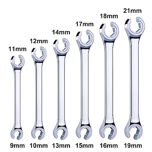 EFFICERE 6-Piece Double-End Metric Flare Nut Wrench Set with Rack, Size 9, 10, 11, 12, 13, 14, 15, 16, 17, 18, 19, 21mm | Cr-V Steel, 6-Point Head, Best Line Wrench for Fuel, Brake, Air Conditioning - size: Metric Set, 6-Piece