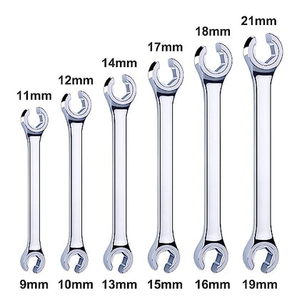 EFFICERE 6-Piece Double-End Metric Flare Nut Wrench Set with Rack, Size 9, 10, 11, 12, 13, 14, 15, 16, 17, 18, 19, 21mm | Cr-V Steel, 6-Point Head, Best Line Wrench for Fuel, Brake, Air Conditioning - size: Metric Set, 6-Piece