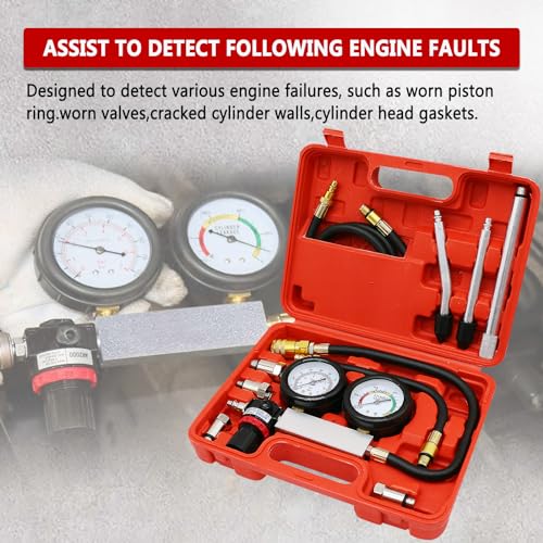 Cylinder Leak Down Tester Kit with Dual Gauges for Gasoline Engines | Checks cylinder leakage, piston rings, valves and head gaskets with dual gauges, adapters and regulated air testing