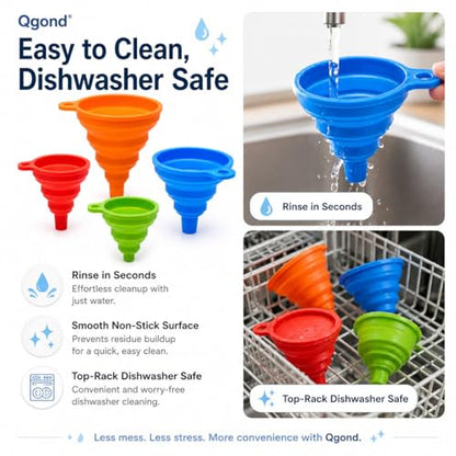 Collapsible Silicone Kitchen Funnels, 4 Pack Food Grade Foldable Funnel Set, 2 Small & 2 Large Funnels for Bottles, Oil, Spice Jars, Liquid Transfer, Dishwasher Safe