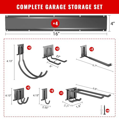 Garage Tool Organizer Wall Mount, Easy to 64inch Install Heavy-Duty Garage Storage System with 11 Adjustable Hooks, Garden Tool Rack for Shovels, Rakes, Yard Tools - size: 64" System - 11 Piece Set