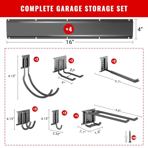 Garage Tool Organizer Wall Mount, Easy to 64inch Install Heavy-Duty Garage Storage System with 11 Adjustable Hooks, Garden Tool Rack for Shovels, Rakes, Yard Tools - size: 64" System - 11 Piece Set