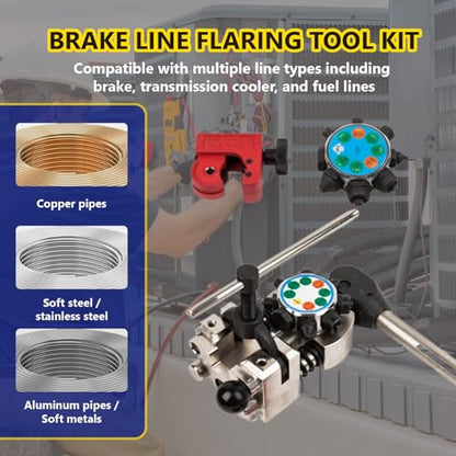 Wostore 45°&37° Brake Line Flaring Tool Kit, Single/Double/Bubble, 5 Dies | 45° & 37° single, bubble & double flare. 5 dies: 3/16-3/8 & 4.75mm. Works on copper, stainless steel & soft metal lines.